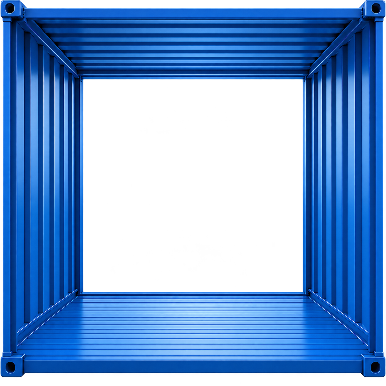 Open blue shipping container revealing logistics operations